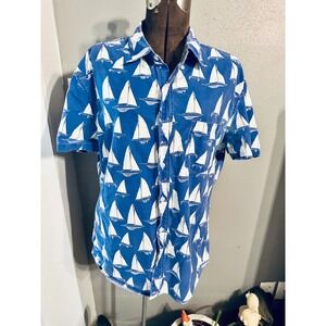 J. Crew Mens Sailboat Print Short Sleeve Button Down Shirt Blue Size L